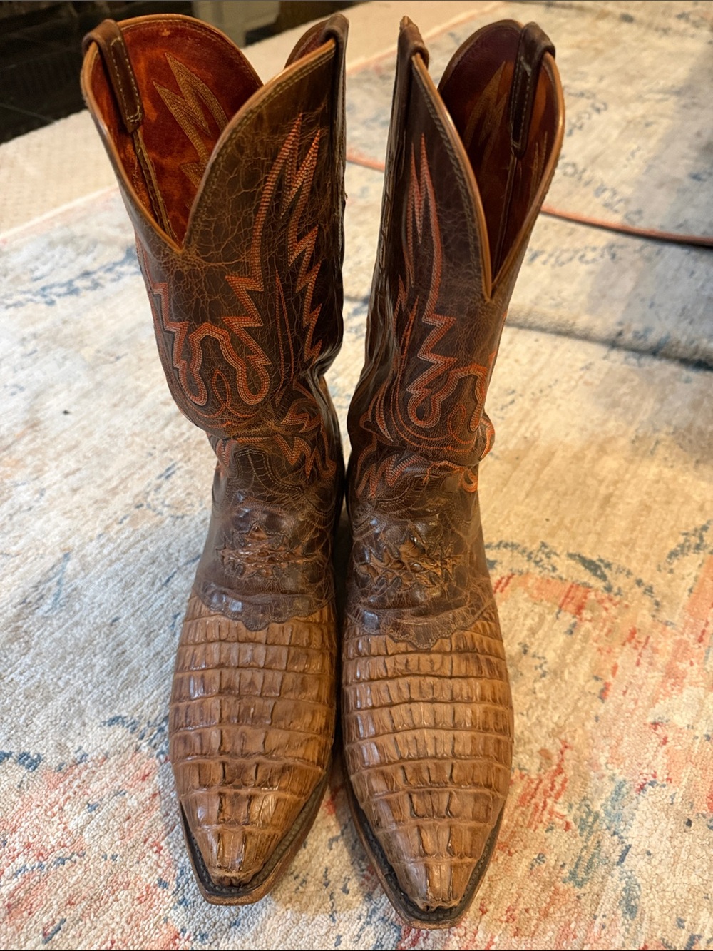 Lucchese Brown Crocodile-Textured Leather Cowboy Boots with Embroidered Shaft